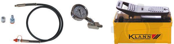 Hydraulic-pneumatic pump with quick couplings and a pressure gauge